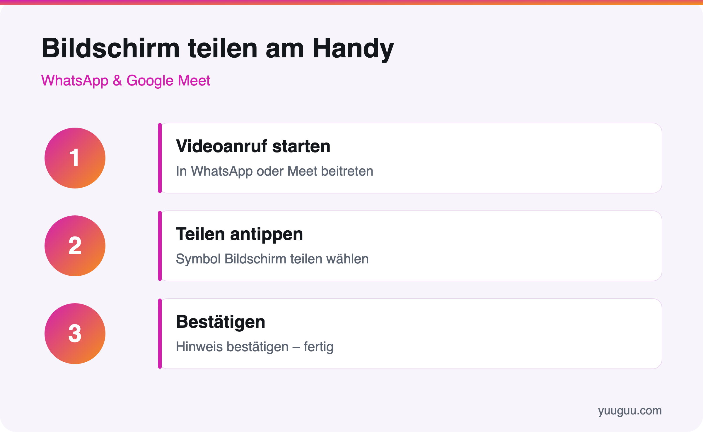 Vergleich Bildschirm teilen am Handy WhatsApp-Videoanruf gegenueber Google Meet mit Schritten