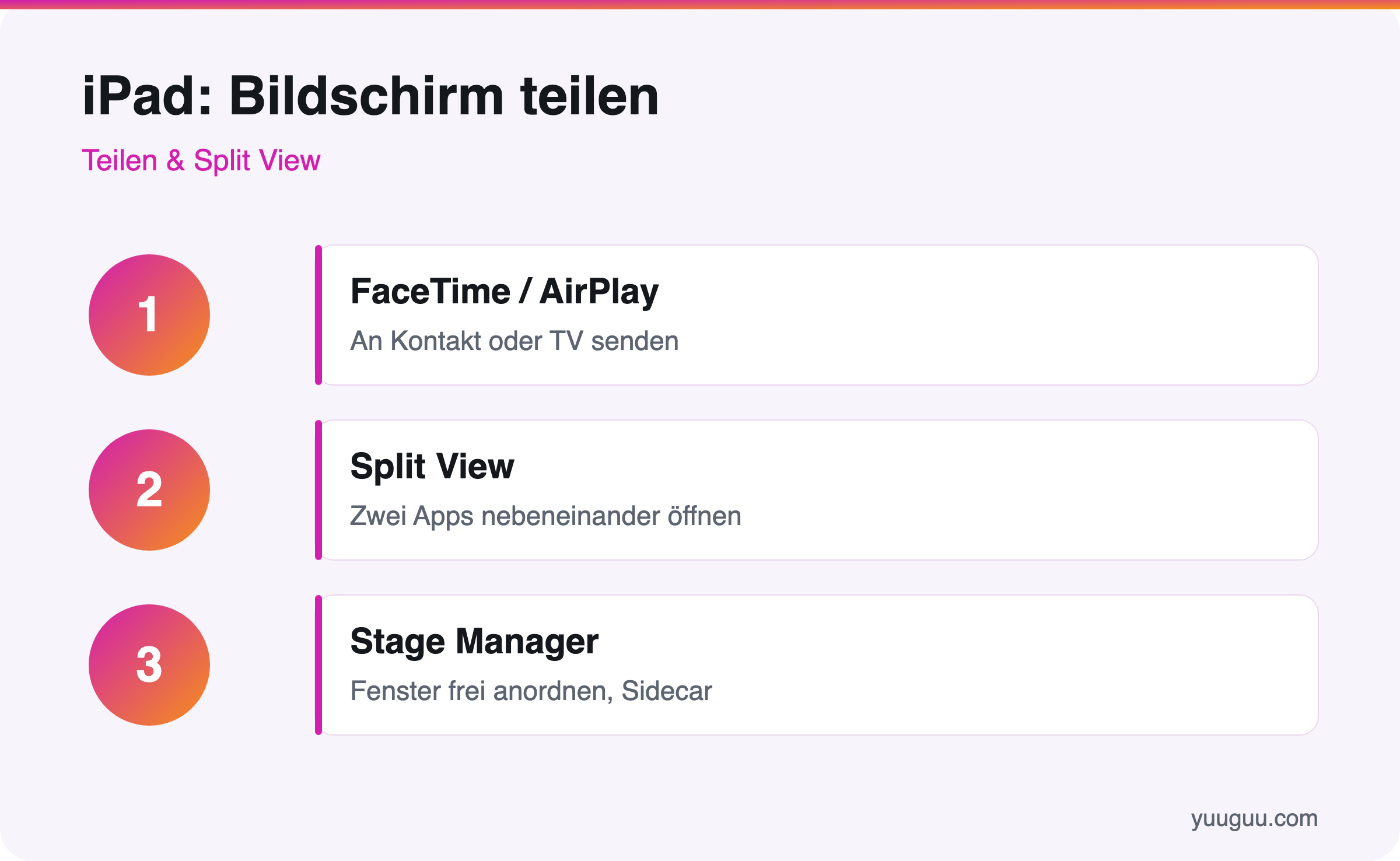 iPad Bildschirm teilen ueber FaceTime AirPlay sowie Multitasking mit Split View Slide Over und Stage Manager