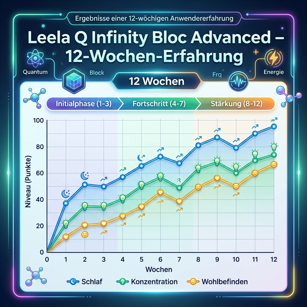 12 Wochen mit dem Leela Q Infinity Bloc Advanced: Ein ehrlicher Erfahrungsbericht 1 Protokoll-Tabelle: 12-Wochen-Selbsttest mit HRV-Werten und Schlafqualität in drei Phasen – Baseline, technische Reduktion, Infinity Bloc