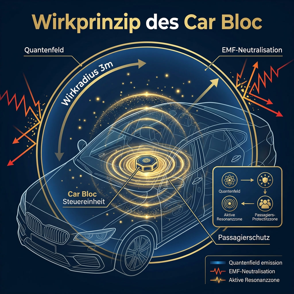 Quantenfeld-Technologie im Auto: Was steckt hinter dem Car Bloc? 1 Infografik: Wirkprinzip des Leela Q Car Bloc im Fahrzeug