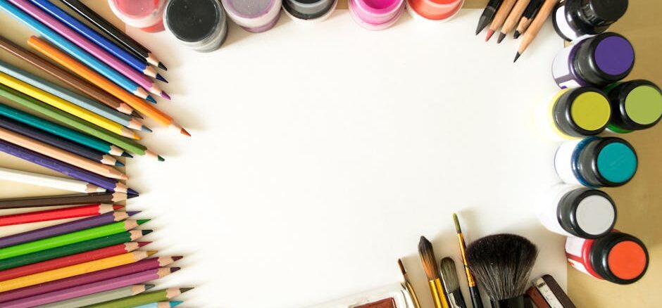 modulor berlin - Creative flat lay of colorful art supplies including paints, pencils, and brushes o