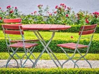 siena garden - Cozy outdoor garden setup with red chairs and table, surrounded by blooming roses.