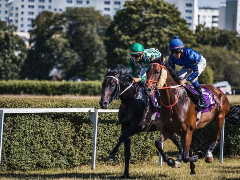 turflon werl - Two jockeys race fiercely in a horse racing event on a sunny day.